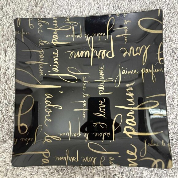 Beautiful Black with Gold Writing Glass Tray Size 9x9 inches - Picture 2 of 4
